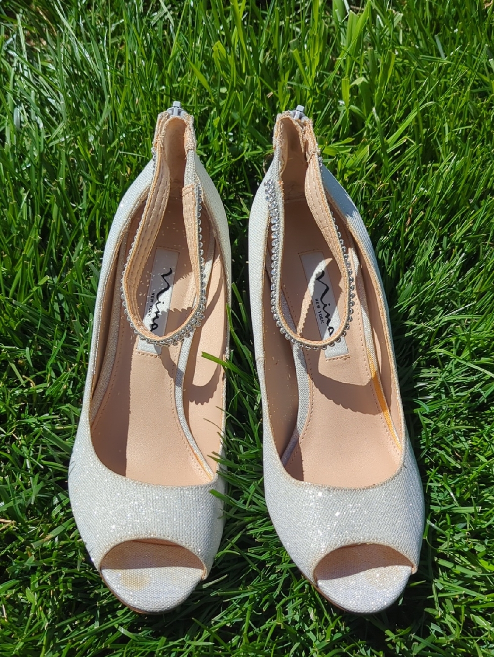 Women's Sparkle Peep-Toe Ankle Strap Heels - Silver